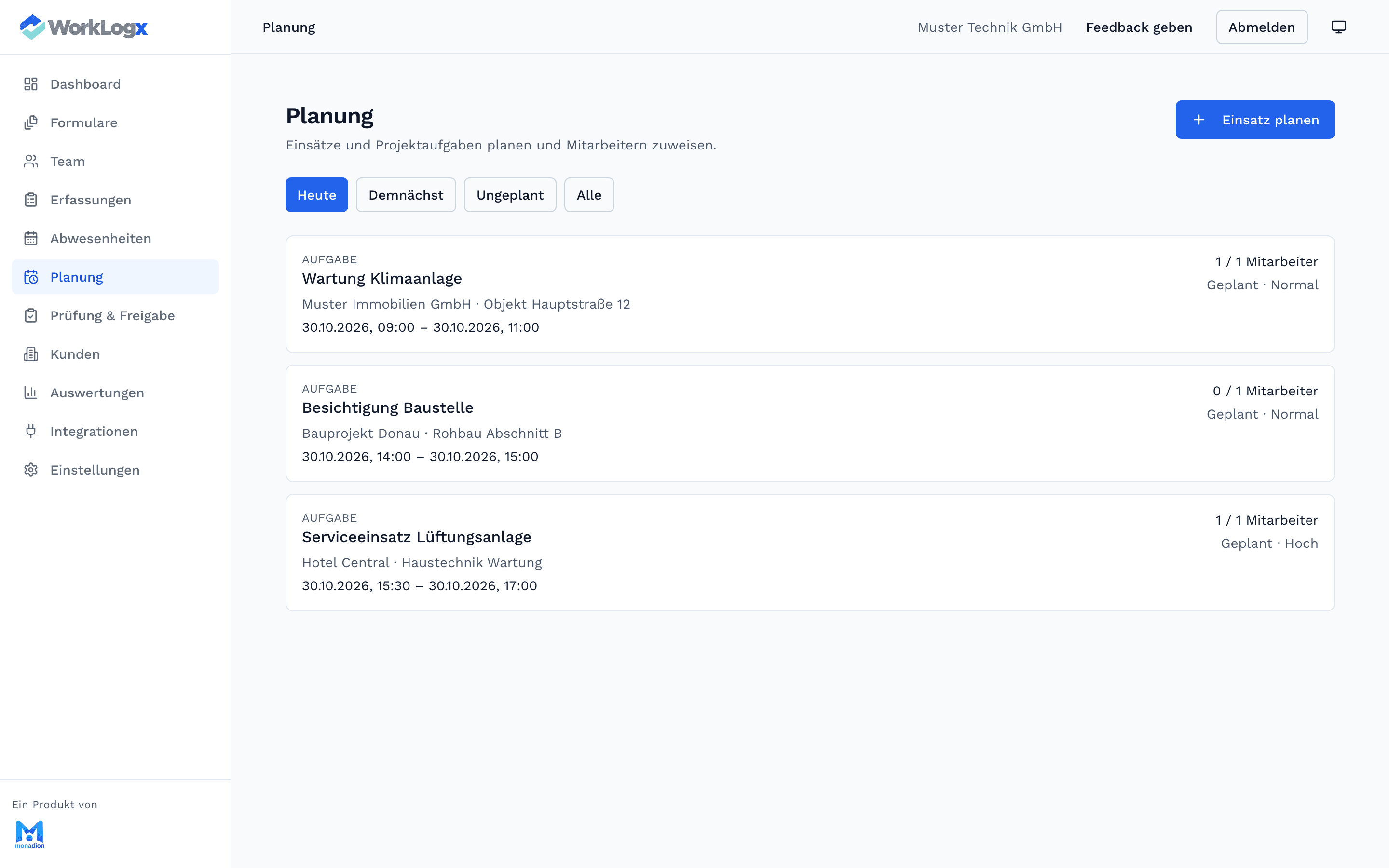 WorkLogx Office Planung mit Einsätzen und Zuweisungen