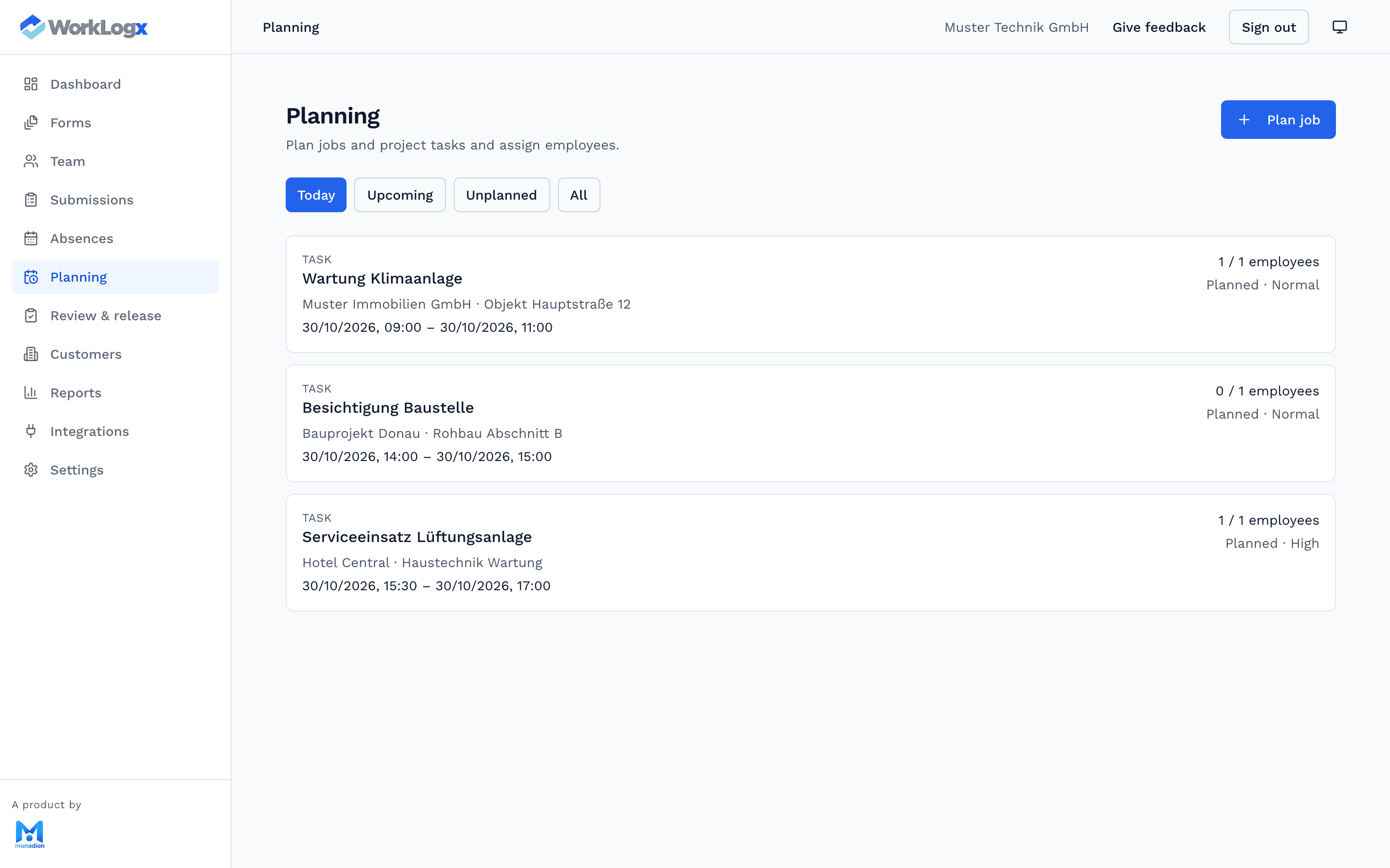 WorkLogx office planning with jobs and assignments